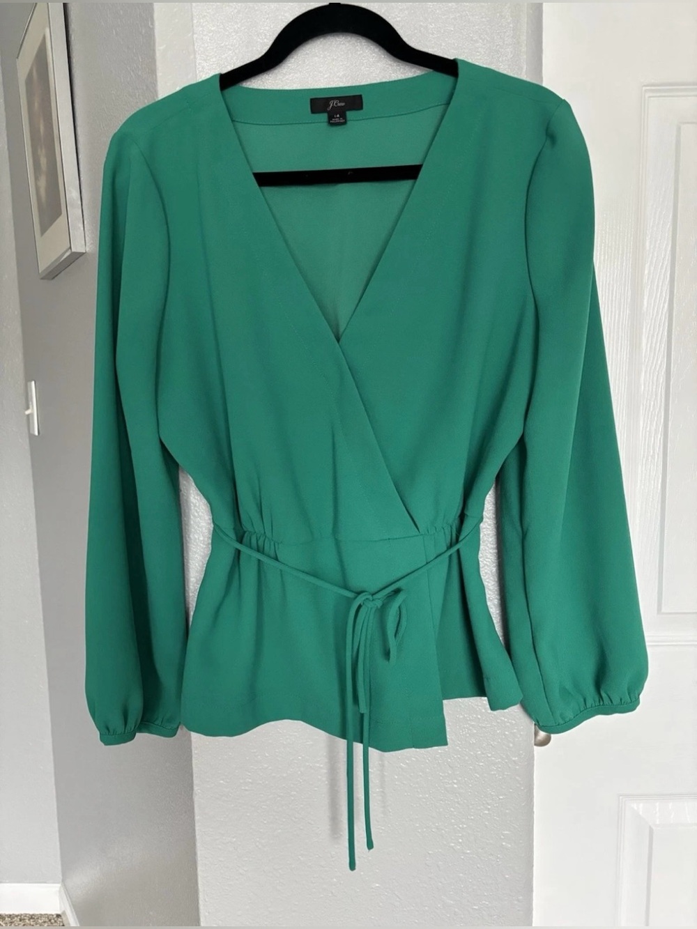 J. Crew Emerald Green Wrap Blouse with Tie Waist Size 14